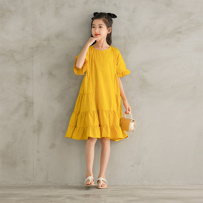 Vestido Amarillo Infantil de Color Liso con Mangas Coquetas - Image 10
