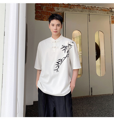 Camisa de Manga Corta con Bordado de Hojas de Bambú para Hombre - Image 28