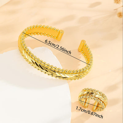 Vintage gold-plated open cuff bracelet and matching open ring with chevron pattern and beaded edges. - Image 17