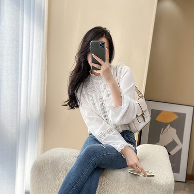 Blusa Elegante de Encaje Manga Larga Cuello Redondo Blanco - Image 8