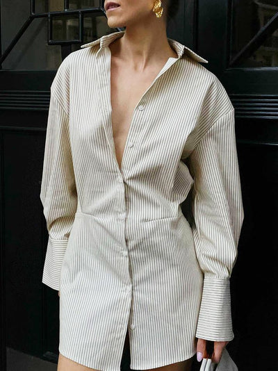Vestido Camisero Elegante con Rayas y Mangas Largas para Mujer - Image 12