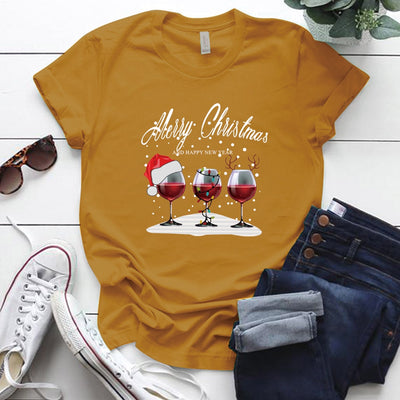 Playera Navideña con Estampado de Tres Copas de Vino