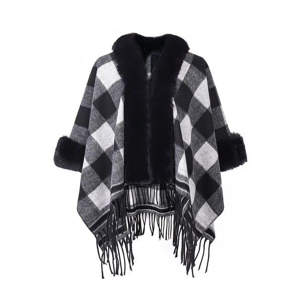 Chal Cuadros Blanco y Negro con Cuello de Piel - Estilo Europeo Otoño Invierno - Image 5
