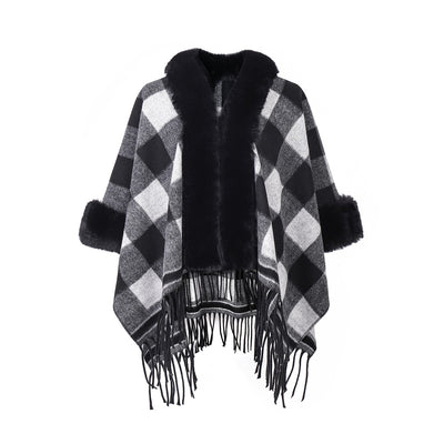 Chal Cuadros Blanco y Negro con Cuello de Piel - Estilo Europeo Otoño Invierno - Image 5