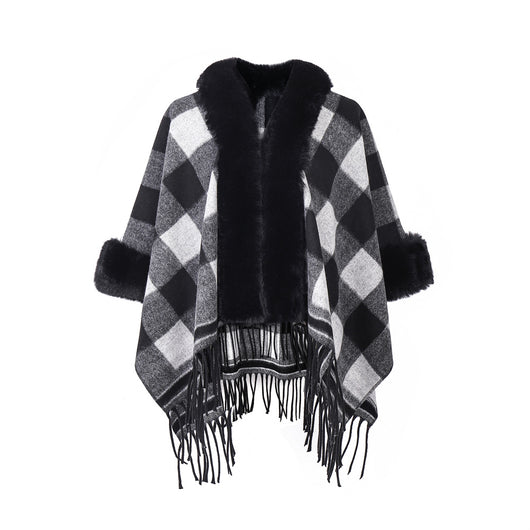 Chal Cuadros Blanco y Negro con Cuello de Piel - Estilo Europeo Otoño Invierno - Image 5