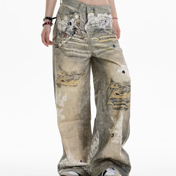 Pantalones Vaqueros Estampado Cruzado Mujer Pierna Ancha
