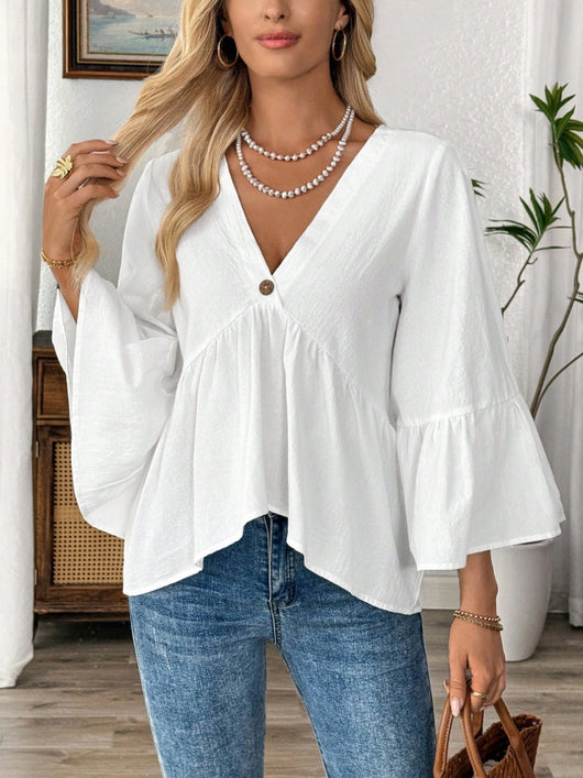 Blusa Cuello V con Mangas Volantes en Colores Sólidos - Image 29