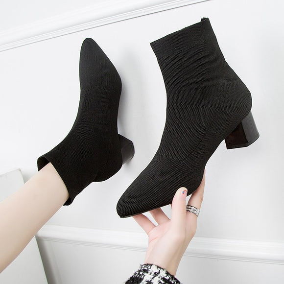 Botas Elásticas Mujer Tacón Medio Punta Aguda Tejido
