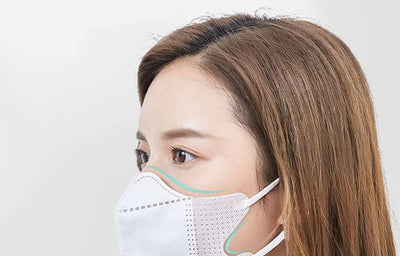 Peach disposable 3-layer face mask with perforated details worn by a person, offering comfortable daily protection. - Image 28