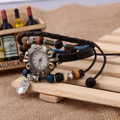 Reloj de Cuarzo Elegante para Mujer con Pulsera de Cuentas en Cuero - Image 3