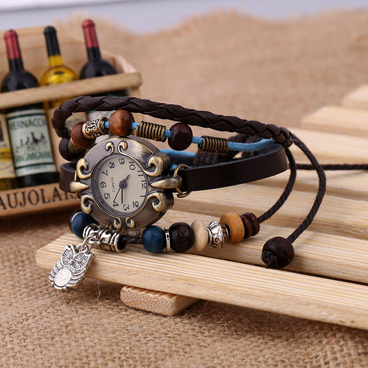 Reloj de Cuarzo Elegante para Mujer con Pulsera de Cuentas en Cuero - Image 3
