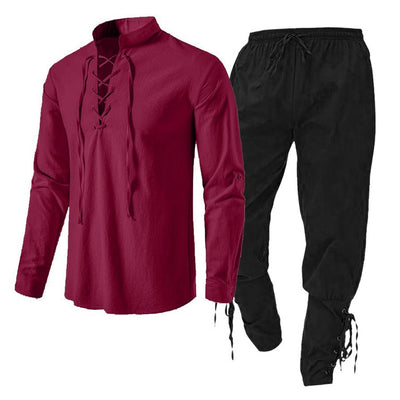 Conjunto de Dos Piezas: Camisa Casual de Lino y Algodón Manga Larga Color Sólido - Image 4