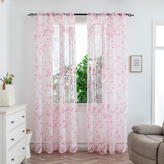 Sheer white mesh curtains with purple and light blue floral patterns, hung on a black rod in a bright room. - Image 19