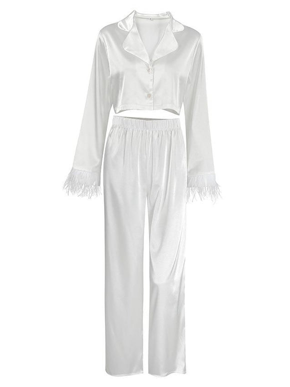 Conjunto Elegante de Blusa Manga Larga y Pantalón Ancho Cintura Alta