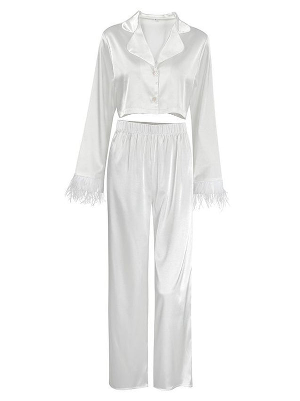 Conjunto Elegante de Blusa Manga Larga y Pantalón Ancho Cintura Alta
