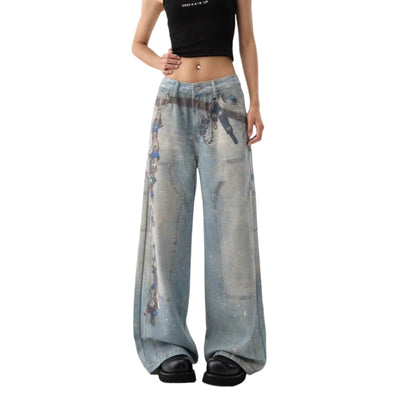 Pantalones Anchos Estilo Retro Americano con Estampado 3D Lavado - Image 5