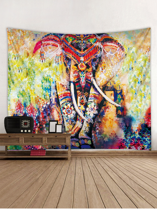 Vibrant multicolor elephant tapestry with a black background, featuring an abstract design for wall decor. - Image 2
