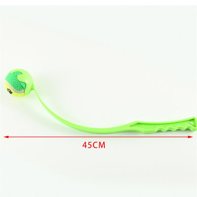 Pink pet throwing cue with a yellow and orange tennis ball, designed for outdoor dog training and play. - Image 8
