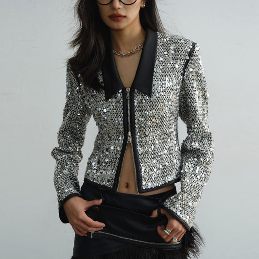 Chaqueta Corta Urbana Retro Moderna con Lentejuelas y Cuello Bajo