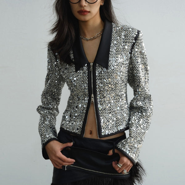 Chaqueta Corta Urbana Retro Moderna con Lentejuelas y Cuello Bajo