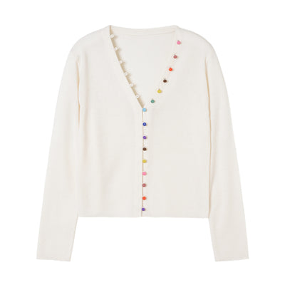 Cardigan de Lana Blanco Cuello V con Hebilla Arcoíris - Suéter Elegante Primavera - Image 5