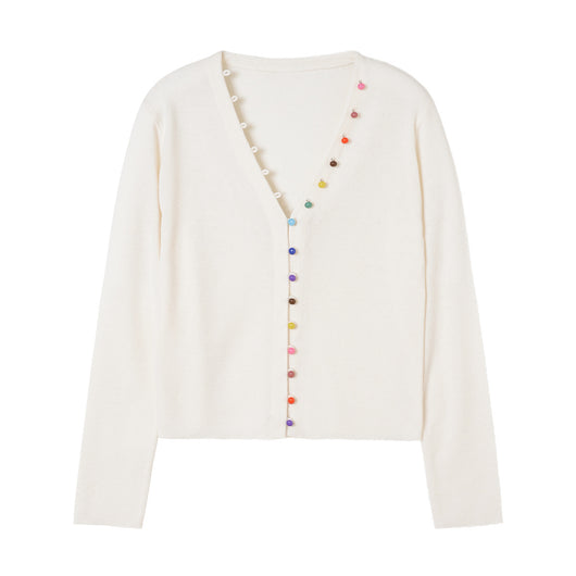 Cardigan de Lana Blanco Cuello V con Hebilla Arcoíris - Suéter Elegante Primavera - Image 5
