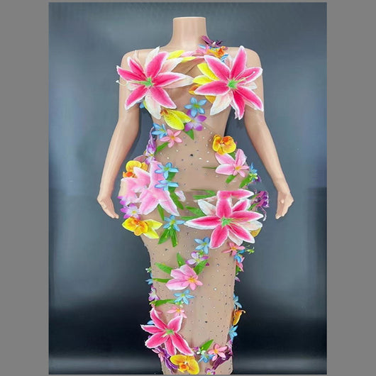 Vestido sin Mangas con Falda Floral y Cristales para Escenario