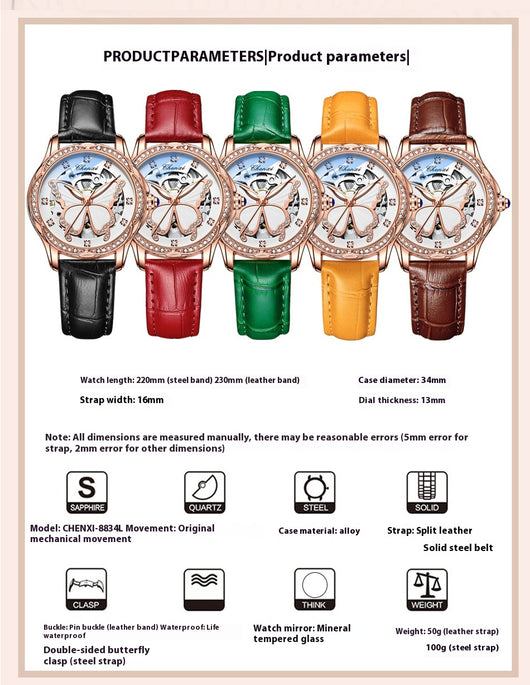 Reloj Automático para Mujer con Diamantes y Esfera de Mariposa - Resistente al Agua - Image 17