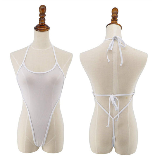 Sheer white high-cut one-piece swimsuit with spaghetti straps modeled on a woman. - Image 5