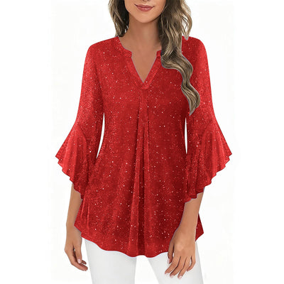 Blusa Suelta de Malla Plateada con Cuello V y Mangas 3/4 Pétalos - Image 28