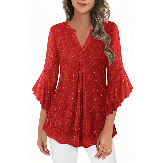 Blusa Suelta de Malla Plateada con Cuello V y Mangas 3/4 Pétalos - Image 28