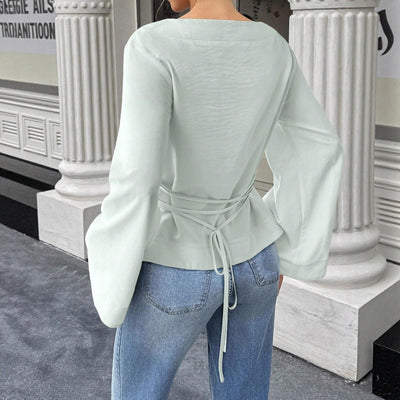 Blusa Tejida Cuello Redondo con Mangas Acampanadas Largas para Mujer - Image 4