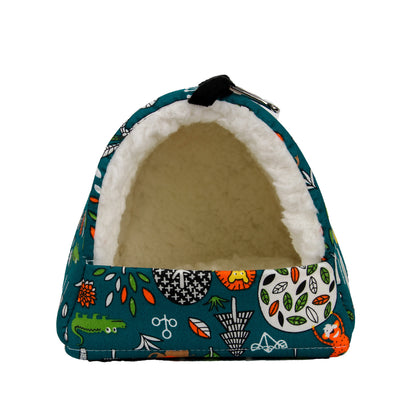 Teal cotton pet nest with a colorful forest pattern, lined with white plush, designed for small birds or parrots. - Image 10