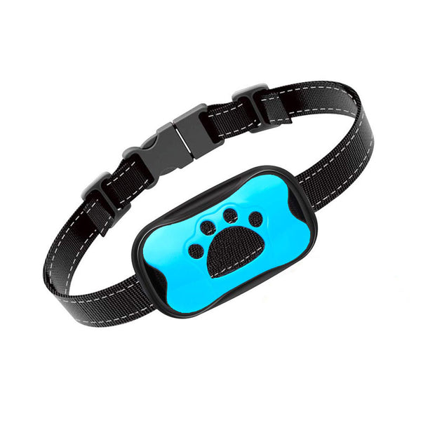 Black anti-barking device with a red paw print design, attached to a black nylon dog collar with reflective stitching.