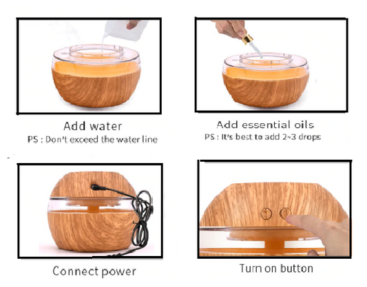 Mini essential oil diffuser humidifier with wood grain finish, USB cable, and instruction manual on a white background. - Image 2