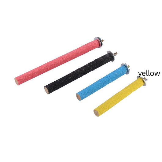 Four colorful frosted bird perches in red, black, blue, and yellow, with metal attachments for bird cages. - Image 5