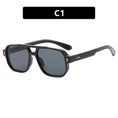 Black full-frame retro casual sunglasses with dark gray lenses and a double bridge, featuring gold accents. - Image 2
