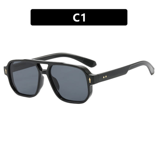 Black full-frame retro casual sunglasses with dark gray lenses and a double bridge, featuring gold accents. - Image 2