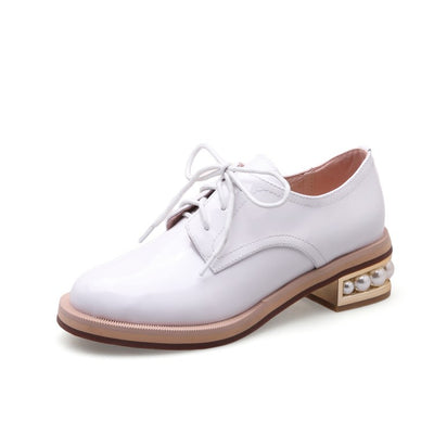 Zapatos de Cuero Brillantes con Plataforma y Tacón Medio - Puntera Redonda Primavera Otoño