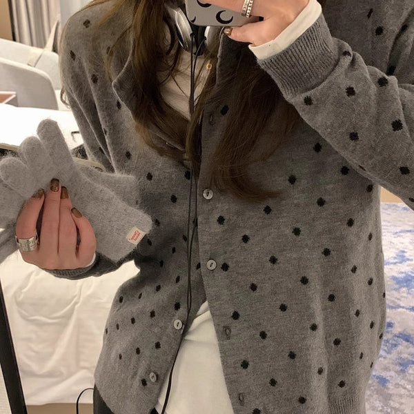 Cardigan Tejido Gris con Lunares Estilo Coreano - Manga Larga Otoño