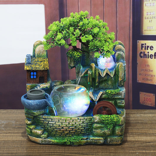 Desktop waterscape fish tank and creative humidifier with LED lights, miniature house, and artificial tree. - Image 3