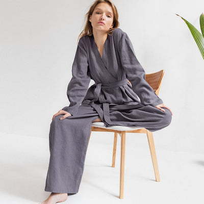 Bata Pijama de Algodón y Lino para Mujer con Encaje y Cordones - Image 12