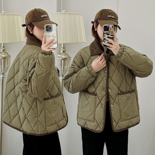 Chaqueta Acolchada de Cuero PU con Diseño Rombo - Suelta y Versátil