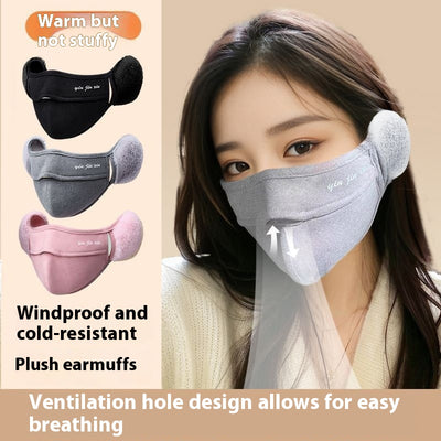 Light grey plush warm mask with integrated fleece-lined ear protection, designed for cold weather. - Image 2