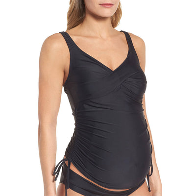Plus size maternity two-piece swimsuit in royal blue with a ruched bandeau top and high-waisted ruched bottoms. - Image 9