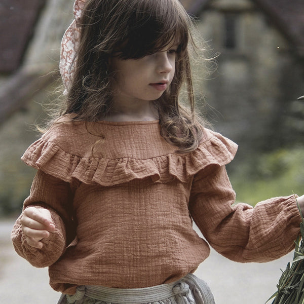 Blusa Infantil Cuello Redondo Mangas Largas Volantes Doble Capa