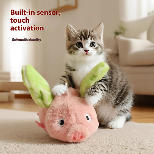 Pink plush pig cat toy with green wings, featuring sound and vibration, 15.5cm long, with USB charging. - Image 3