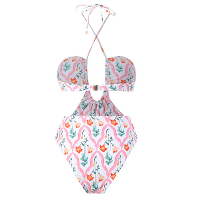 Dark green floral one-piece swimsuit with halter neck, bandeau top, cut-outs, and matching sheer sarong. - Image 18