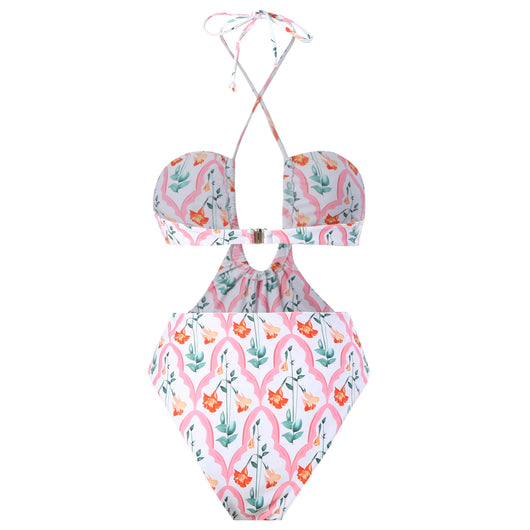 Dark green floral one-piece swimsuit with halter neck, bandeau top, cut-outs, and matching sheer sarong. - Image 18