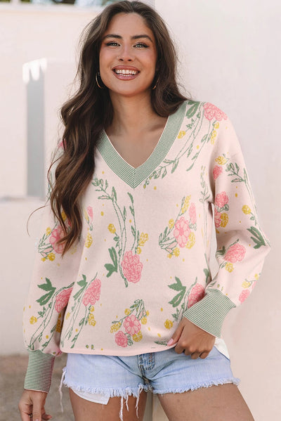 Suéter Holgado con Escote en V, Rayas y Estampado Floral - Image 7